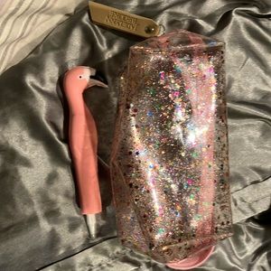 Jadelynn Brooke clear pencil case bag pink rainbow glitter plus flamingo pen